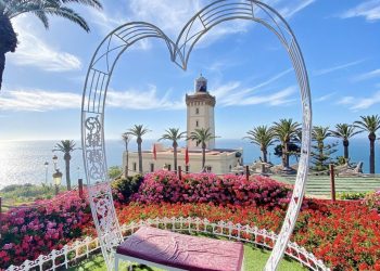 "Cap Spartel lighthouse in Tangier overlooking the meeting point of the Atlantic Ocean and Mediterranean Sea"