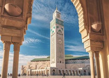 Hassan II Mosque in Casablanca with its towering minaret overlooking the Atlantic Ocean